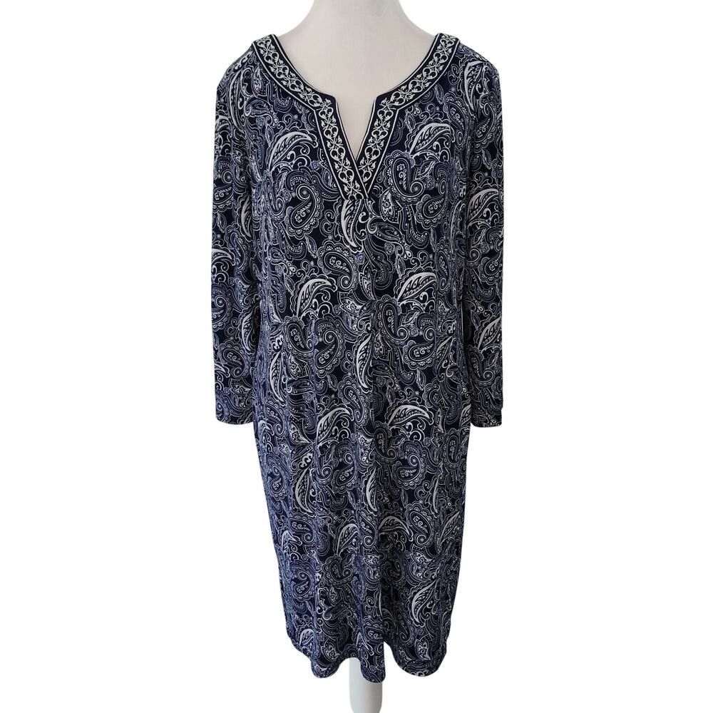 Magnolia Grace Size L Navy Paisley Embroidered Neckline Long Sleeve Dress